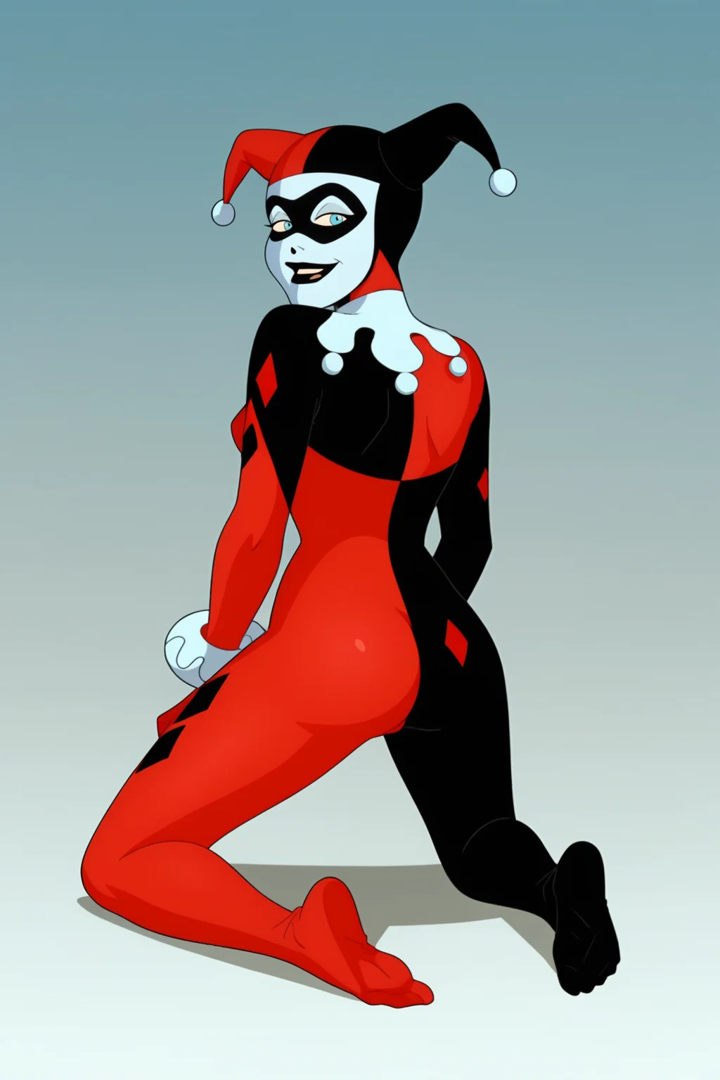 score_9, score_8_up, score_7_up, score_6_up, score_5_up, score_4_up, BREAK, <lora:Harley_Quinn(1):1>, 1girl, Harley Quinn, blue eyes, bodysuit, red bodysuit, jester cap, domino mask, white facepaint, kneeling, from behind, looking back, looking at viewer