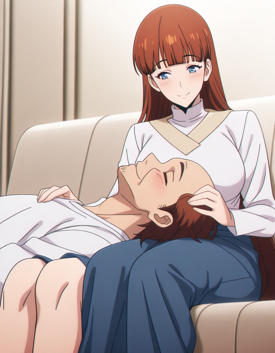 masterpiece, best quality, amazing quality,, <lora:joo-hee-lee-s1-illustriousxl-lora-nochekaiser:1>, joo-hee lee, long hair, bangs, blue eyes, brown hair, blunt bangs, mature female, breasts, anime screencap, <lora:lap-pillow-illustriousxl-lora-nochekaiser:1>, lap pillow, sitting, closed eyes, hetero, lying, on back, looking at another, sleeping, hand on another's head, blush, smile, knees, on couch, <lora:faceless-ugly-man-illustriousxl-lora-nochekaiser:1>, faceless ugly man, faceless, ugly man, fat, faceless male, fat, bald, mature male,