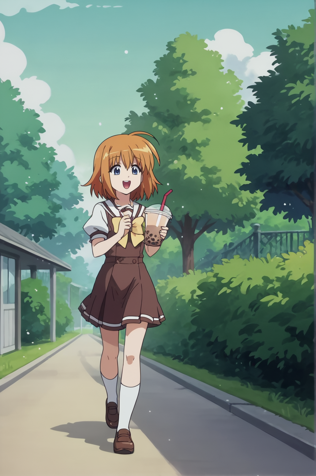 score_9, score_8_up, score_7_up,anime_source, source_anime, best background, detailed background, anime screencap,  Kaede Fuyo, School Outfit, outdoors, walking, drinking, bubble tea, happy, <lora:JN_Kaede_Fuyo:0.8>