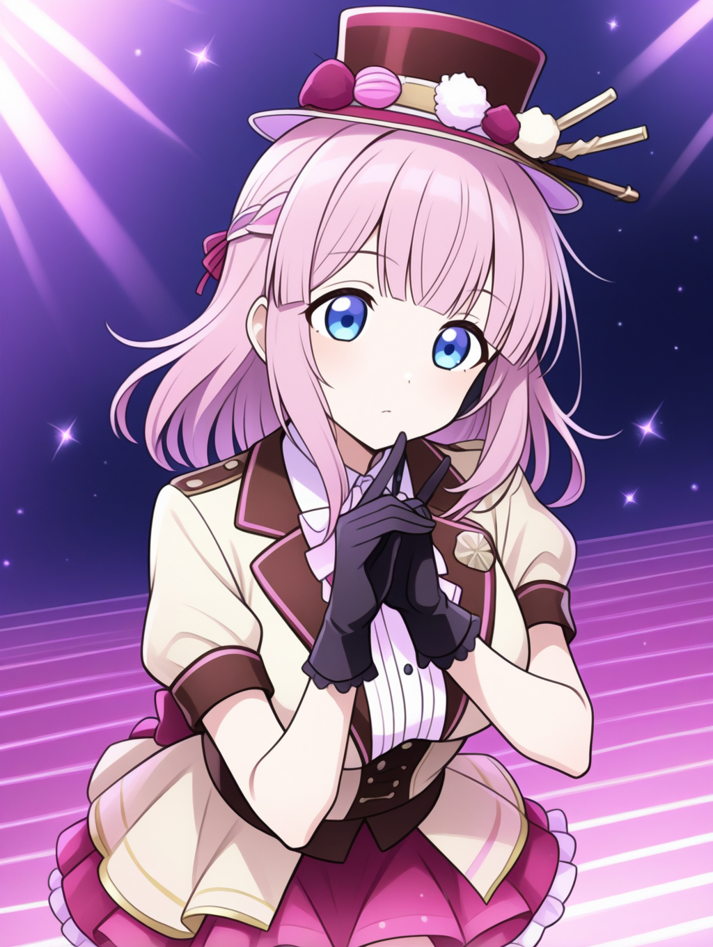 perfect quality,best quality,absolutely eye-catching,ambient occlusion,raytracing BREAK
1girl,<lora:miki utahosi IL v1.1:0.8>,utahosi,pink hair,medium hair,blue eyes,hat,hair ornament,idol,alternate costume,short sleeves,frilled skirt,kneehighs,mary janes,black gloves,solo,, pov, looking away,upper_body,bent_over,double_fox_shadow_puppet,arms_crossed,kicking,