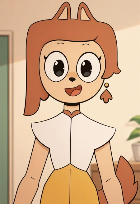 <lora:LalasMother_Kunshikter:1> score_9, score_8_up, score_7_up, source_furry BREAK, lalasmother_kunshikter, dog girl, furry female, black eyes, asymmetrical hair, yellow pants, skinny, indoors, portrait, upper body, open mouth, smile, looking at viewer
