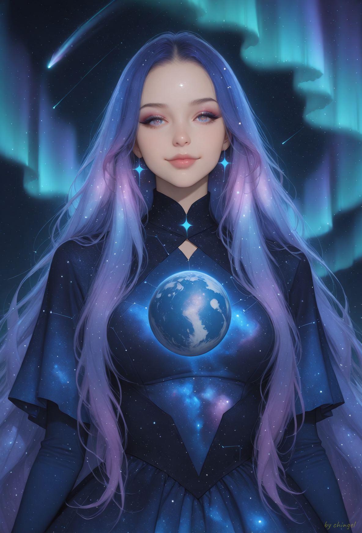 score_9, score_8_up, score_7_up,
best quality,masterpiece,highres,Highly detailed,realistic skin texture, detailed picture,UHD,32k,

rating_explicit,

Smooth Quality, beautiful and intricate hair, protruding lips, lipstick, eyeliner, 1girl, cosmic dress, otherwordly dress, comic eyes, cosmic hair, glowing, closed mouth, aurora, constellation, galaxy, light particles, long hair, looking at viewer, planet, shooting star, sky, smile, space, sparkle, very long hair