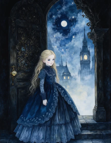Studio Ghibli Dark Fairytale, serene prim young tween girl, dressed in an immaculate high-collared dark blue gown with intricate lace, steps cautiously through an ornate wooden door. Her expression is a mix of wonder and trepidation as she crosses the threshold from the familiar into the unknown. Beyond the door stretches a surreal, a foggy London metropolis and towering structures that defy physics. Above, the night sky filled with the moon and swirling nebulae casts an ethereal glow.
She wearing a silk Victorian dress that is corseted, hooped, and bustled. She has blond hair, blue eyes, and very pale white skin. She is graceful, poised, and sure of herself. Her delicate face has a soft yet confident expression with a slight smile, her eyes focused and alluring. She is innocent and childlike. She is wearing full plate armor. focus on the girl, Her body is skinny and petite. Delicate features, elaborate details, (2/3 rule composition:0.5), ultra detailed, romantic. FS, vantablack <lora:- Flux1 - vanta_black_V2.0:.4> <lora:Former_Splendor:.4> <lora:Delicate_Balance:.3> <lora:neeeg_f1:-1> <lora:Dark_Ghibli:1>