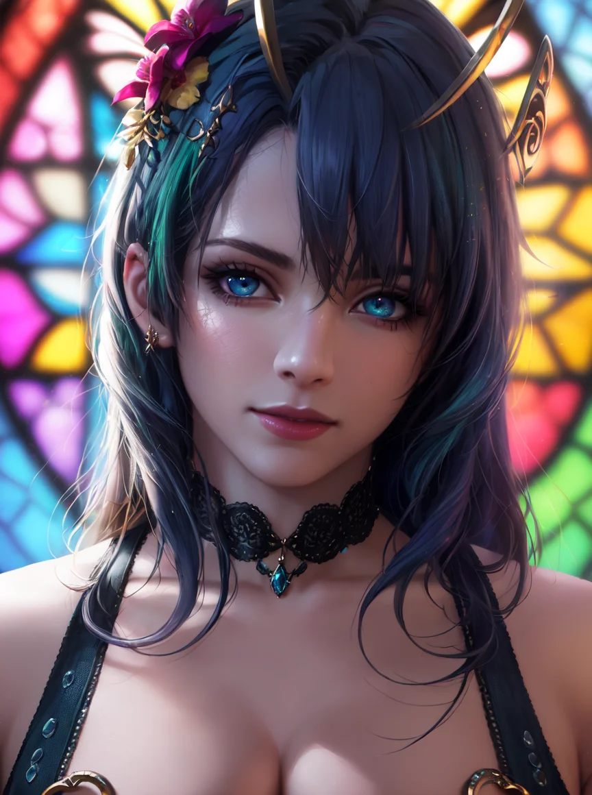 close POV, young adult woman, blue purple green color palette, black hair with dark green shine, two symmetrical antennae on head, big blue eyes sparkling, rings around eyes, two-tone black and red, smiling at the camera, elegant pose, looking at the viewer, vivid stained glass window background, oil painting, character portrait, drawn in medibang paint, 4k wallpaper, aesthetic, masterpiece, award-winning photography, macro photography vivid colors, photorealistic, atmospheric, cinematic, moody, rule of thirds, majestic, detailed, perfect anatomy
cowboy shot, contrapposto, looking at viewer, highres, superb, 8k wallpaper, extremely detailed, intricate, unreal engine 5, volumetric lighting, realistic, realistic lighting, cinematic, 4k, cinematic lighting, 8k, depth of field, 3d, masterpiece, perfect, award-winning, hyper-detailed, photorealistic, ultra realistic, realistic light, hard lighting, intricate details, stop motion, hyperfocus, tonemapping, sharp focus, hyper detailed, detailed eyes, eyes focus, (illustration:1.1), highres, (extremely detailed CG unity 8k wallpaper:1.1), (mid shot1.25), (portrait:1.25), (solo:1.2), 1girl, (beautiful face:1.15),
(nixeu_soft:0.7), (nixeu_white:0.7),