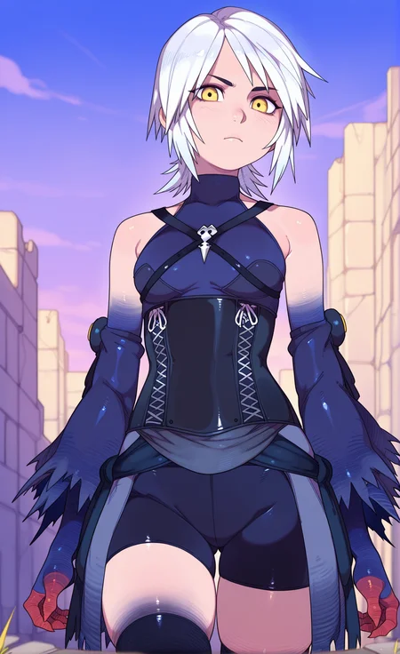 masterpiece,best quality,amazing quality, absurdres, 1girl, <lora:IllAqua:1> illudarqua, short hair, white hair, yellow eyes, bare shoulders, detached sleeves, black thighhighs, bike shorts, corset,