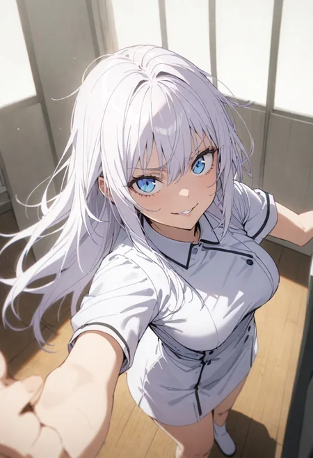 score_9, score_8_up, score_7_up, score_6_up, masterpiece, best quality, absurdres, cinematic, dynamic angle, perfect composition, solo, 1girl, medium breast, gojou satoru, blue eyes, white hair, long hair, nurse outfit, smirk, standing, looking at viewer,