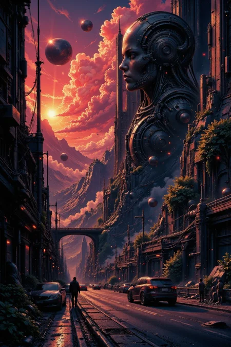 city, street, beautiful misterious futuristic sci-fi cyberpunk landscape, sunset, woman, very intricate, very detailed, sharp, colorful, <lora:Hand v2:1> <lora:Anti-Blur:1> <lora:Insane Detail Slider:0.5>  <lora:Flux.1_Turbo_Detailer:0.6> <lora:flux.1_lora_flyway_Epic-detail_v2:0.6> <lora:flux-charmer-v1-1:0.4><lora:Vibrantly_Sharp_style_v.5:0.4> <lora:The_Dark_Side_Of_The_Future:0.8> <lora:Neurocore Anime Cyberpunk v2.0:0.7> A digital artwork in the style of cknc