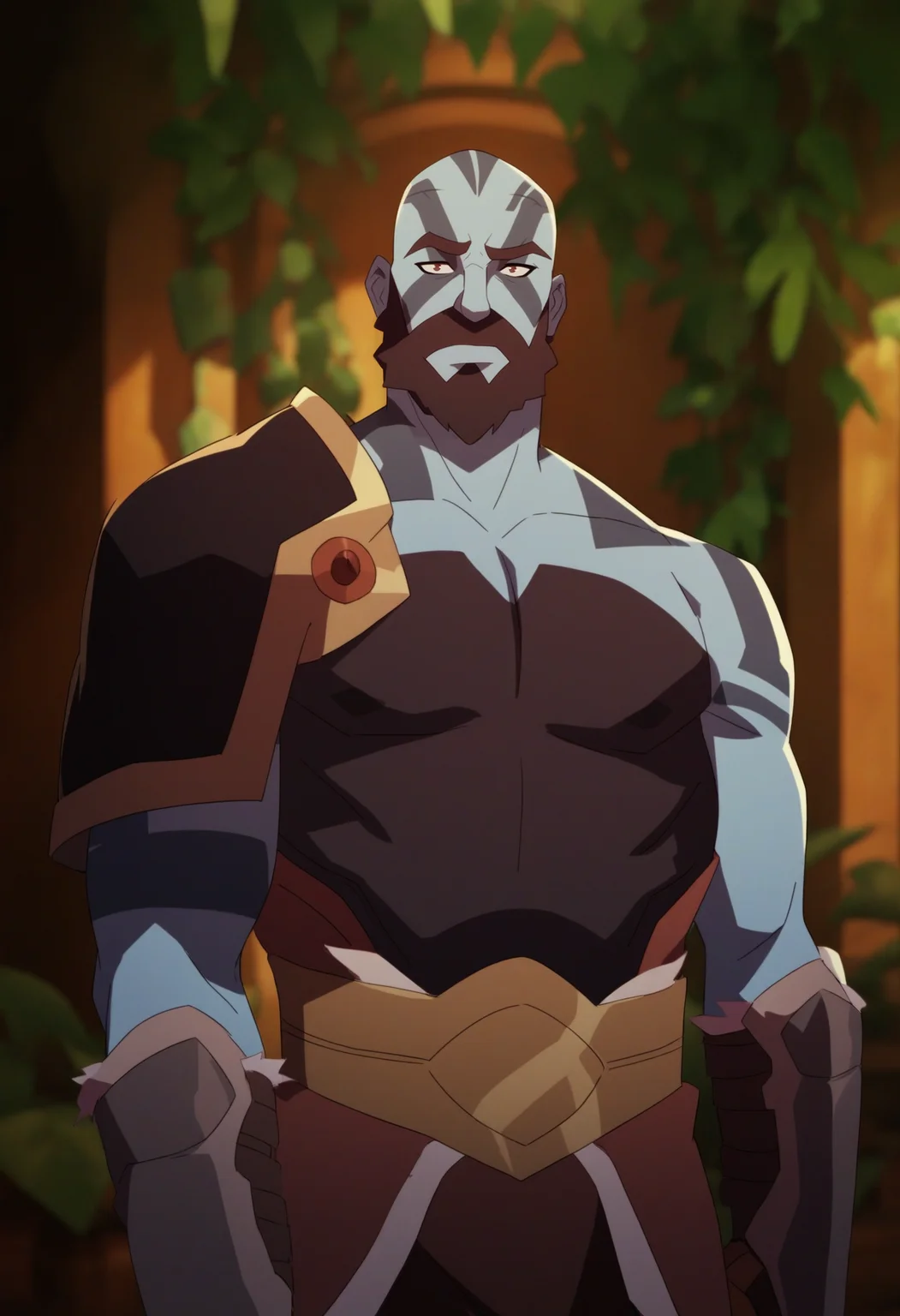 score_9, score_8_up, score_7_up, score_6_up, score_5_up, score_4_up,
<lora:VoxMachina:1> v0x,
beard, male focus, 1boy, facial hair, solo, bara, muscular male, mature male, pectorals, muscular, thick eyebrows, large pectorals, short hair, bald, colored skin, looking at viewer, upper body, armor, shoulder armor, tattoo, indoors, plant
