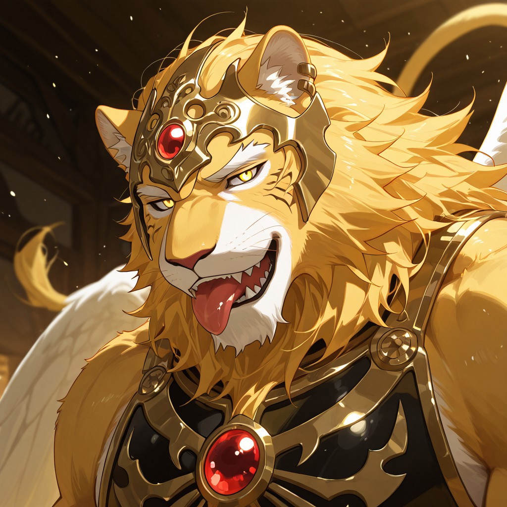very detailed, highly detailed texture, (highly detailed face, (perfect face, perfect eyes)), depth of field, perfect soft lighting, best shadows, perfect reflections, volumetric, detailed image, high resolution, anime,, score_9, score_8_up, yellow eyes,score_7_up, score_6_up, mature male, ,,lion-like creature, golden-yellow fur, long and elegant body, muscular but lean build, sharp claws, feline facial features, piercing white eyes, thin black eyebrows, large feathery white wings, long flowing tail,black and gold chest armor, red gemstone embedded in forehead and chest, metallic headpiece,sharp feline snout, long pointed ears, thick mane framing face, smooth and well-groomed furchest, ,close up, smug, looking at viewer, side angle,licking