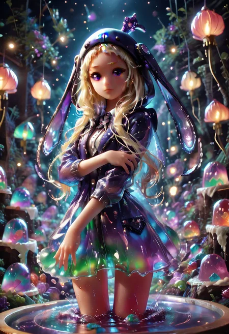 best quality, masterpiece, ultra-detailed,1 girl. jelly style, jelly girl, yomozuki runa, blonde hair, hood on, hood with long black rabbit ears, jelly skin, purple eyes, long hair, uniform, kigurumi, lighting from behind so jelly gilr semi-transparent, 
BREAK anthropomorphic , shaking legs, in heat, o-face, Sexy pose, dynamic viewing angle, cowboy shot, playful lighting,
<lora:bad_prompt_version2-neg:1> <lora:By bad artist -neg:1> <lora:Jelly_Style:1>