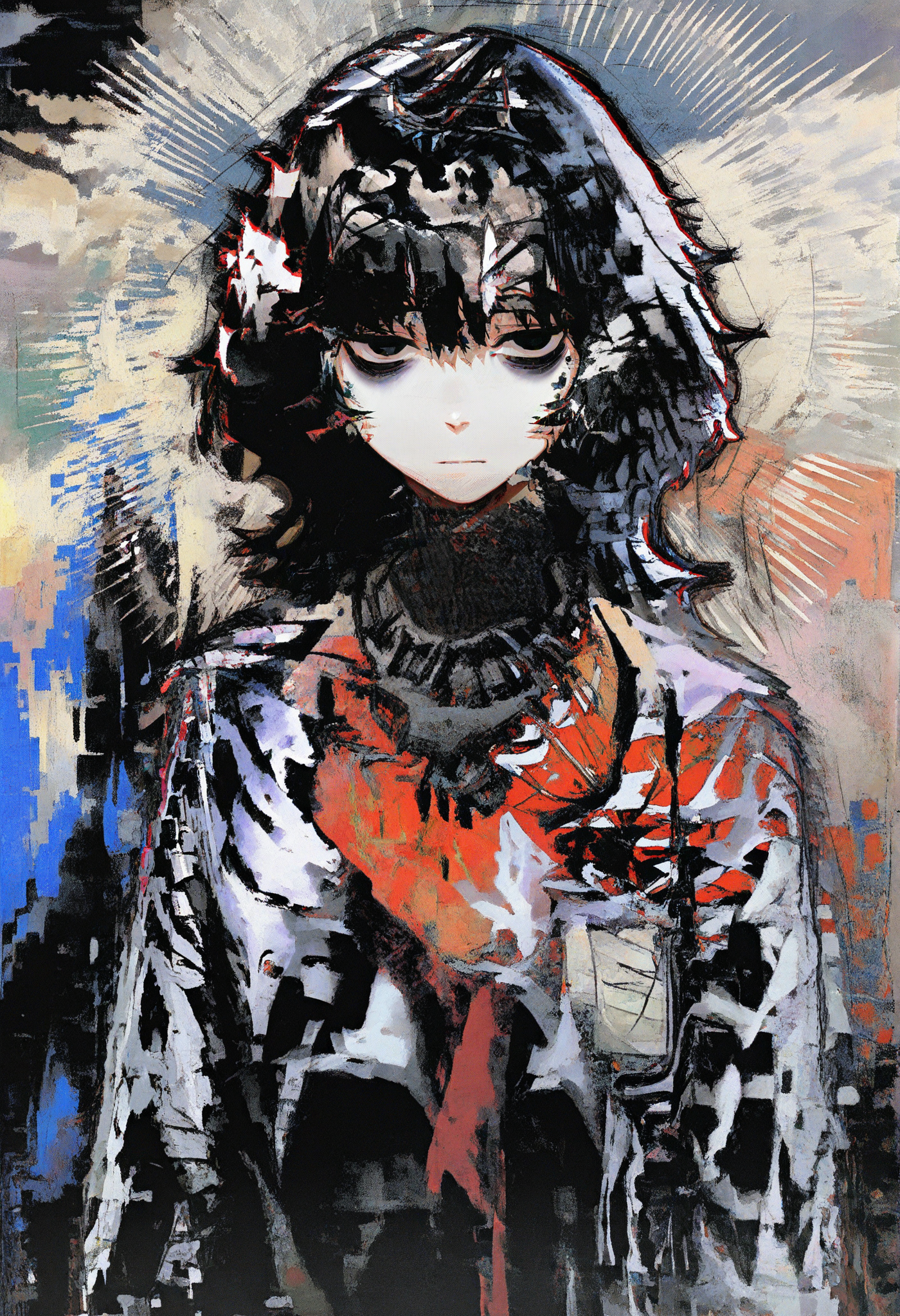 1girl, solo, black hair, black eyes, bangs, bags under eyes,
sunburst, upper body, looking at viewer, 
glitch, abstract, abstract background,
masterpiece, best quality, amazing quality, absurdres, newest, chromatic abberation,
<lora:hitboxsamurai:1>