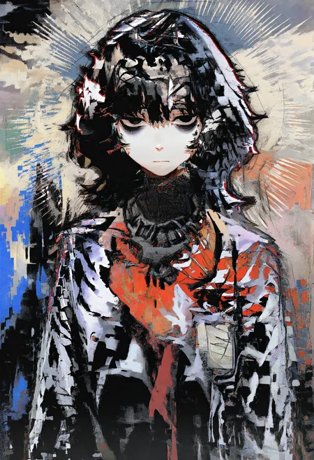 1girl, solo, black hair, black eyes, bangs, bags under eyes,
sunburst, upper body, looking at viewer,
glitch, abstract, abstract background,
masterpiece, best quality, amazing quality, absurdres, newest, chromatic abberation,
<lora:hitboxsamurai:1>