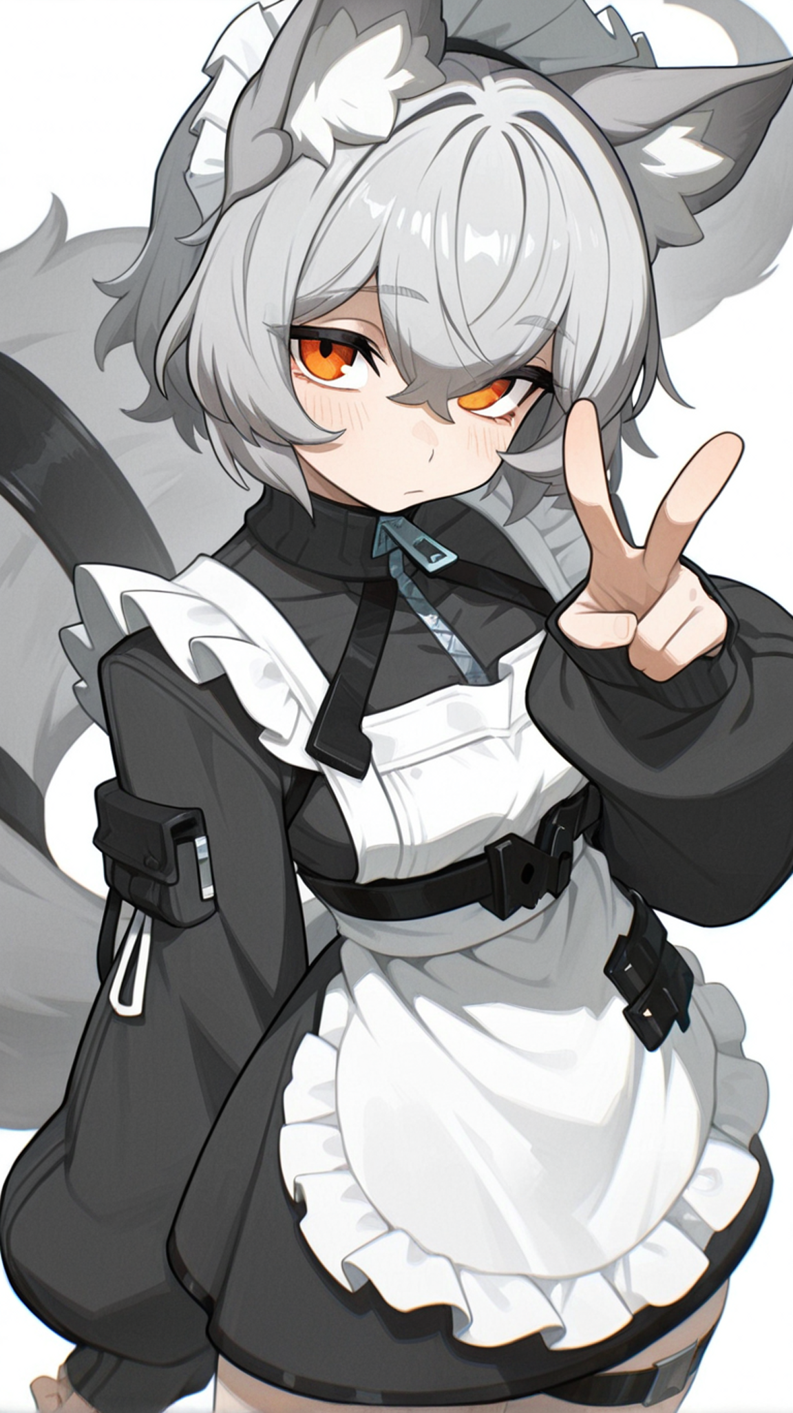1girl, solo, looking_at_viewer, blush, short_hair, bangs, simple_background, long_sleeves, white_background, dress, animal_ears, hair_between_eyes, closed_mouth, jacket, tail, grey_hair, cowboy_shot, frills, puffy_sleeves, hand_up, apron, black_dress, orange_eyes, animal_ear_fluff, sleeves_past_wrists, maid, maid_headdress, v, thigh_strap, white_apron, maid_apron, zipper, frilled_apron