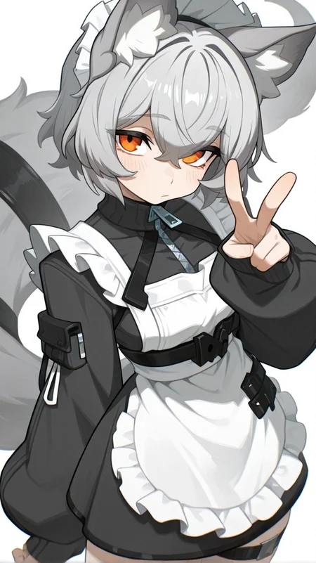 1girl, solo, looking_at_viewer, blush, short_hair, bangs, simple_background, long_sleeves, white_background, dress, animal_ears, hair_between_eyes, closed_mouth, jacket, tail, grey_hair, cowboy_shot, frills, puffy_sleeves, hand_up, apron, black_dress, orange_eyes, animal_ear_fluff, sleeves_past_wrists, maid, maid_headdress, v, thigh_strap, white_apron, maid_apron, zipper, frilled_apron