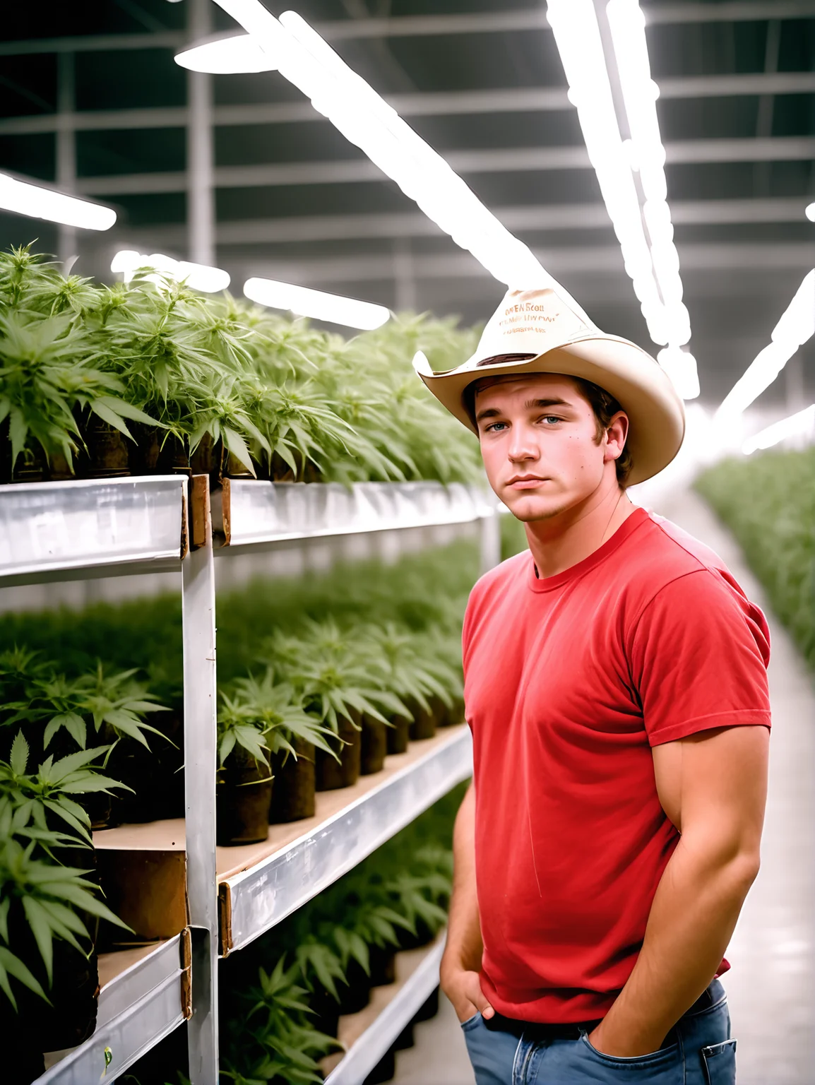 michaelsynth portrait, head and shoulders, standing, in an empty wearhouse, neatly organized rows of marijuana plants, wearing a red t-shirt, jeans, and a cowboy hat.