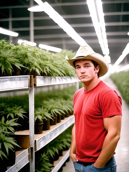 michaelsynth portrait, head and shoulders, standing, in an empty wearhouse, neatly organized rows of marijuana plants, wearing a red t-shirt, jeans, and a cowboy hat.