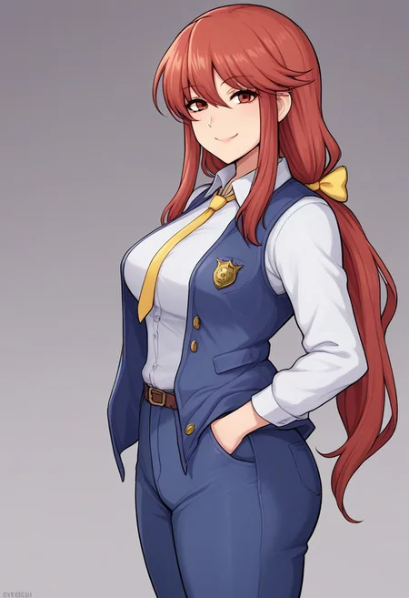 score_9, score_7_up, source_anime, source_cartoon, perfect face, EyesHD, BREAK, (illustration), intricately detailed illustration, Exquisite color design, (best quality, ultra detailed), smooth skin, high details, (1girls), mature female, beauty, thick thighs, big breasts,  kotohime (touhou), long hair, red hair, bangs, low-tied long hair, (hair bow, yellow bow), red eyes, white shirt, collared shirt, long sleeves, yellow necktie, blue vest, buttoned vest, police badge, brown belt, blue pants, hands in pockets, looking at viewer, smile, closed mouth, simple background, side view,