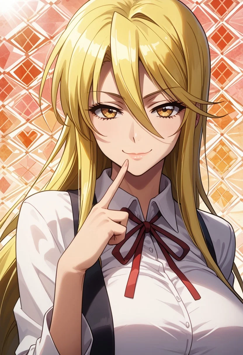 score_9, score_8_up, score_7_up, 1girl, solo, looking at viewer, anime coloring, upper body, close-up, portrait,
<lora:Shizuka_Marikawa_Dwnsty:0.8>, shizuka_marikawa, blonde hair, yellow eyes, long hair, low-tied long hair, hair between eyes, sidelocks, white shirt, collared shirt, red ribbon, neck ribbon, black skirt, long skirt, pencil skirt,
lips, huge breasts, light smile, mature female, finger to mouth, smirk, naughty face,
sunlight, abstract background, argyle background, rainbow, heart,
<lora:Hotd_Artstyle_Dwnsty:0.7>