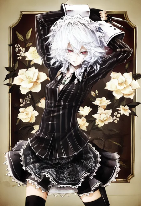 1girl, solo, izayoi sakuya, white hair, red eyes, knife, braid, flower, maid headdress, twin braids, fingerless gloves, thighhighs, skirt, gloves, short hair, black thighhighs, arms up, striped, looking at viewer, alternate costume, shirt, long sleeves <lora:banpaiAkiraOSXL_NBVP1_lokr_V6311P:0.95>