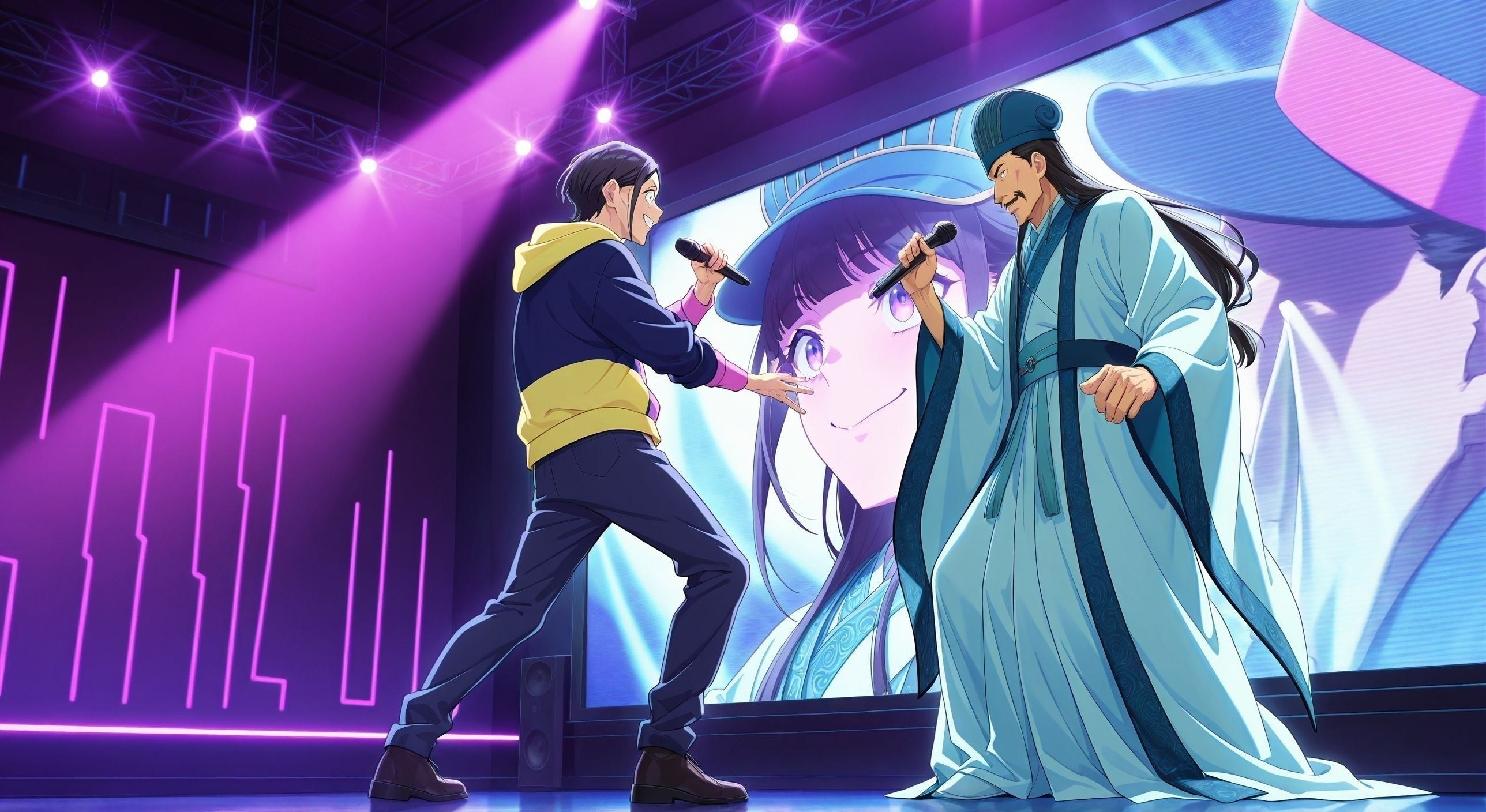 masterpiece,best quality,amazing quality,very aesthetic,absurdres,newest, huge filesize, 
<lora:spo_sdxl_10ep_4k-data_lora_webui:0.5>,anime screenshot, 2d anime,anime coloring, 
<lora:add-detail-xl:1>   paripi koumei, official art, 
2boys, rap battle, standing, facing another, rapping,from side, night pub, stage lights, neon lights,  looking at another, full body, 
 in stage,
holding microphone, 
BREAK
<lora:Paripi_Koumei_V1:0.9>
Paripi_KoumeiV1,
Paripi_KoumeiV1,
1boy , p_kabe,  grin, 
short hair.
black hair,
hoodie, pants, 
BREAK
1man,
chinese clothes,hanfu,   evil smile, 
long sleeves,wide sleeves, huge screen,music,  enjoy, happy,
long hair,hat,blue headwear,robe,mustache, 
closed mouth,sash,black hair,
p_koumei,