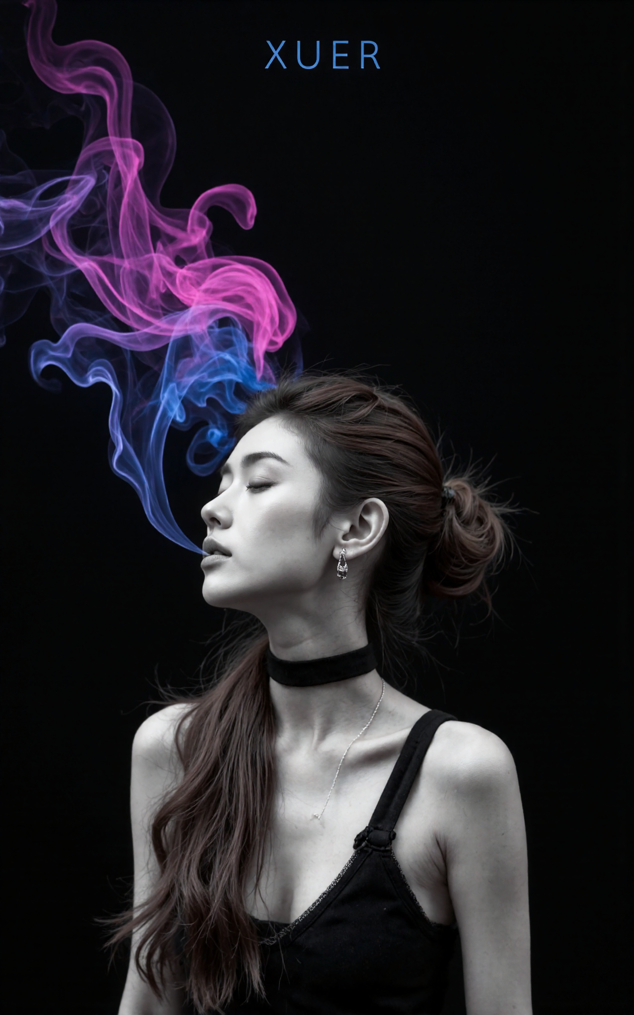 Create a breathtaking, award-winning illustration of a woman's face in a professional, highly detailed style. The image should be in black and white, with the woman's eyes closed. Her hair is styled in a bun, transforming into a cloud of blue and pink light against a black background. Smoke emerges from her mouth, blending into her hair, creating an eerie, unsettling atmosphere. The theme is horror, with a focus on a dark, spooky, and suspenseful mood. The style should be dystopian, bleak, and post-apocalyptic, conveying a somber and dramatic tone.

XUER INS style,1girl,solo,looking at viewer,extremely beautiful skin,natural skin texture,big breasts,earrings,
The woman has long, wavy, dark brown hair cascading down her back. Her skin tone is light, and she appears to be of Caucasian ethnicity.
She accessorizes with a black choker necklace and multiple bracelets on her wrists. with a focus on fashion and style.

highly detailed,ultra-high resolution,32K UHD,sharp focus,best-quality,masterpiece,unconventional supreme masterpiece,masterful details,depth of field,blurry background,blurry foreground,motion blur,going really fast masterpiece,deep focus,
color  graded cinematic,atmospheric  lighting,award  film grain,A shot with tension,(Visual impact,giving the poster a dynamic and visually striking appearance:1.2),impactful picture,
ultra-realistic,high dynamic range,photoreal,epic realistic,dark shot,shadows,(This is a real high-definition photo:1.1),with professional photography and high resolution，
contrast,layered colors,vivid colors,contrast,offcial art,movie perspective,very aesthetic,disheveled hair,perfect composition,intricate details,moody,epic,photorealistic,
intricate details,soothing tones,high contrast,natural skin texture,soft light,sharp,masterpiece,best quality,(ray tracing),sunlight,insanely interplay between lights and shadows,

cinematic photo This is a poster about the One cyan ten color，It has a realistic picture effect，The picture is messy and extremely rich in details，(The theme text of the poster is: "XUER":1.2)，One line apart,(the subtitle below reads: "One cyan ten color":1.2),