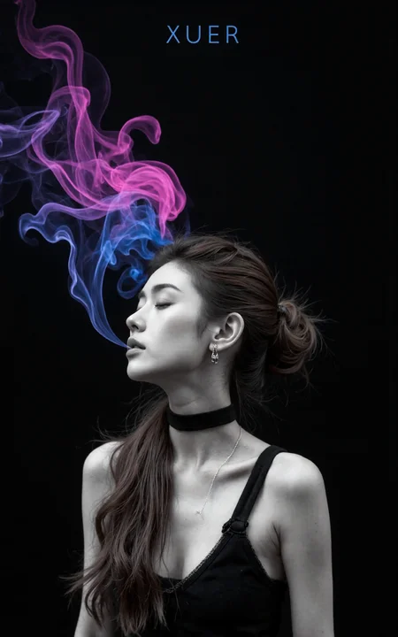 Create a breathtaking, award-winning illustration of a woman's face in a professional, highly detailed style. The image should be in black and white, with the woman's eyes closed. Her hair is styled in a bun, transforming into a cloud of blue and pink light against a black background. Smoke emerges from her mouth, blending into her hair, creating an eerie, unsettling atmosphere. The theme is horror, with a focus on a dark, spooky, and suspenseful mood. The style should be dystopian, bleak, and post-apocalyptic, conveying a somber and dramatic tone.

XUER INS style,1girl,solo,looking at viewer,extremely beautiful skin,natural skin texture,big breasts,earrings,
The woman has long, wavy, dark brown hair cascading down her back. Her skin tone is light, and she appears to be of Caucasian ethnicity.
She accessorizes with a black choker necklace and multiple bracelets on her wrists. with a focus on fashion and style.

highly detailed,ultra-high resolution,32K UHD,sharp focus,best-quality,masterpiece,unconventional supreme masterpiece,masterful details,depth of field,blurry background,blurry foreground,motion blur,going really fast masterpiece,deep focus,
color  graded cinematic,atmospheric  lighting,award  film grain,A shot with tension,(Visual impact,giving the poster a dynamic and visually striking appearance:1.2),impactful picture,
ultra-realistic,high dynamic range,photoreal,epic realistic,dark shot,shadows,(This is a real high-definition photo:1.1),with professional photography and high resolution，
contrast,layered colors,vivid colors,contrast,offcial art,movie perspective,very aesthetic,disheveled hair,perfect composition,intricate details,moody,epic,photorealistic,
intricate details,soothing tones,high contrast,natural skin texture,soft light,sharp,masterpiece,best quality,(ray tracing),sunlight,insanely interplay between lights and shadows,

cinematic photo This is a poster about the One cyan ten color，It has a realistic picture effect，The picture is messy and extremely rich in details，(The theme text of the poster is: "XUER":1.2)，One line apart,(the subtitle below reads: "One cyan ten color":1.2),
