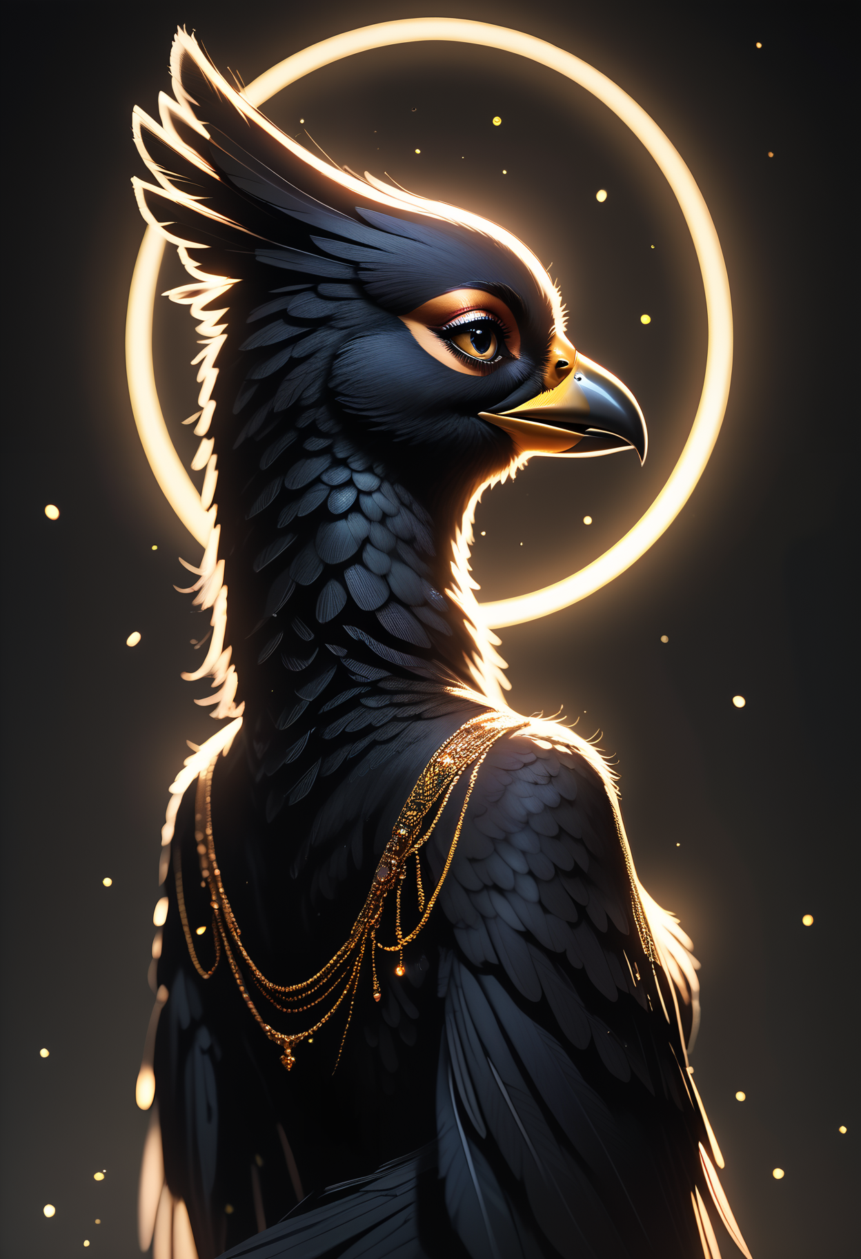 score_9,score_8_up,score_7_up,score_6_up,score_5_up,score_4_up  source_furry, beautiful bird woman, bird woman, furry, dark black feathers, golden jewelry, back lighting, dramatic lighting, extremely detailed, beautiful detailed iridescent feathers, rating_safe