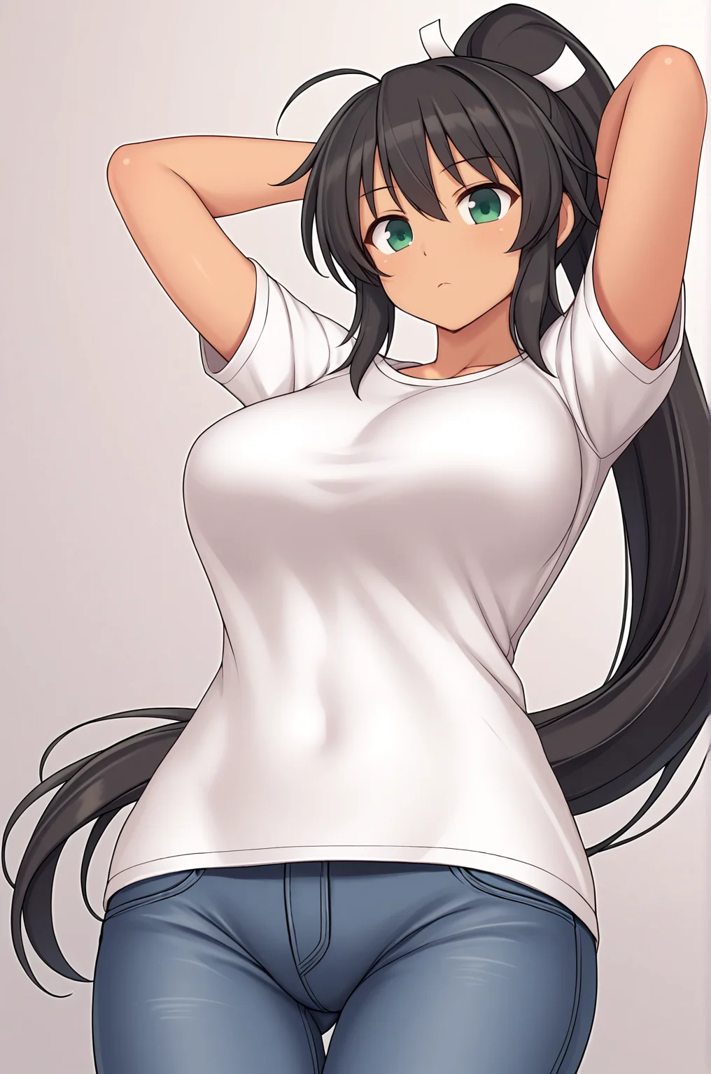 anime artwork, score_9, score_8_up, score_7_up, score_6_up, score_5_up, score_4_up, source_anime, BREAK, thick outline, fat outline,
Homura_XL, very long hair, black hair, green eyes, hair ribbon, ponytail, large breasts, tan, BREAK, homura_casual_clothes, jeans, white shirt, BREAK, from below, hands behind head,
<lora:Homura_XL:0.7>
<lora:PersonalAmi_PonyXL:1.0>