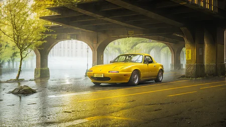 photo of yellow MazdaMiata looking down a long tunnel with fog, wet cobblestone street light reflections, high quality photo, lens flare, bokeh, 8k resolution, gobo lights, warm ambient light, volumetric light, neon lights, depth of field, analog, foggy atmosphere, lens flares, light bloom, portra 800 film, <lora:MazdaMiatav1:.8>, <lora:analogdiffusion_Lora300:.2>