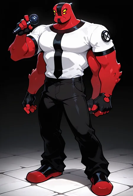 <lora:fourarms-05:1> fourarms, red skin, solo, male focus, yellow sclera, no pupils, 4 eyes, , fingerless gloves, white shirt, black pants, 4 arms , large pectorals, underbite, <lora:17bucks_Style_Illustrious:1> 17bucks, gradient color, 2d, standing, holding microphone, full body ,, masterpiece, best quality, amazing quality, very aesthetic, absurdres, newest,