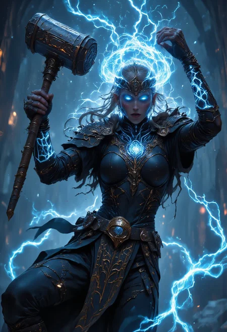 UHD 32k epic fantasy movie still, Full-body portrait, low-angle cam, HDR, RAW. photograph. beautiful angry blond Viking woman goddess of Thunder dynamic leaping at camera holding Mjölnir overhead, lightning striking Mjölnir and she glows with lightning aura and blue lightning bio ink arcane tattoos mad-arcnsmbls, she is wearing traditional Viking armor, snow on medieval battle background, snowing, high action pose, correct digits, fantasy, impossible jump, epic scale, Stunning visuals, Texture, aidmafluxpro1.1, Cinematic style, Beauty, Realism, Photorealism, Chiaroscuro, High quality, vikingpunk, viking_punk, ArsMJStyle