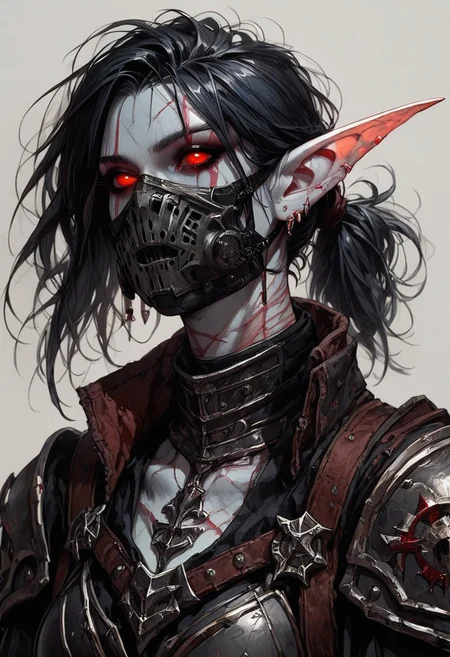 score_9, score_8_up, score_7_up, score_6_up, Expressiveh, undead, deathknight, g0thicPXL, masterpiece, perfect face, 1girl, night elf, tall girl, athletic, (pale grey skin, red facetattoo), pointy ears, long ears, (red eyes, glowing eyes, red sclera), (black hair, messy hair, short ponytail, bangs), scars, (full armor, platearmor, black armor), ((giant iron neck brace, lower face mask, iron mask, iron mouth protection))