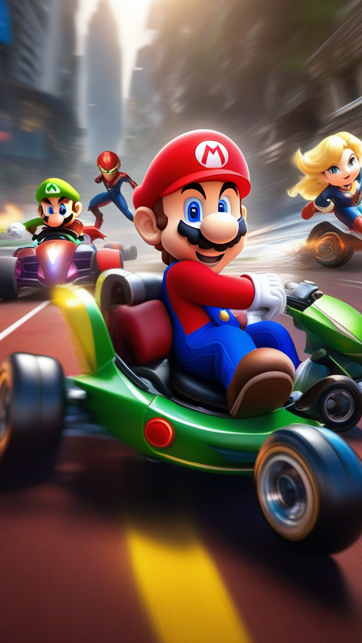 Mario Kart Race with (Avengers 1.5): Organize a chaotic race where the Avengers, equipped with Mario Kart vehicles, compete in a light-hearted and hilarious showdown. ultra realistic,dynamic pose, white hair, (masterpiece) (best quality) (detailed) (8k) (HDR) (wallpaper) (cinematic lighting) (sharp focus)