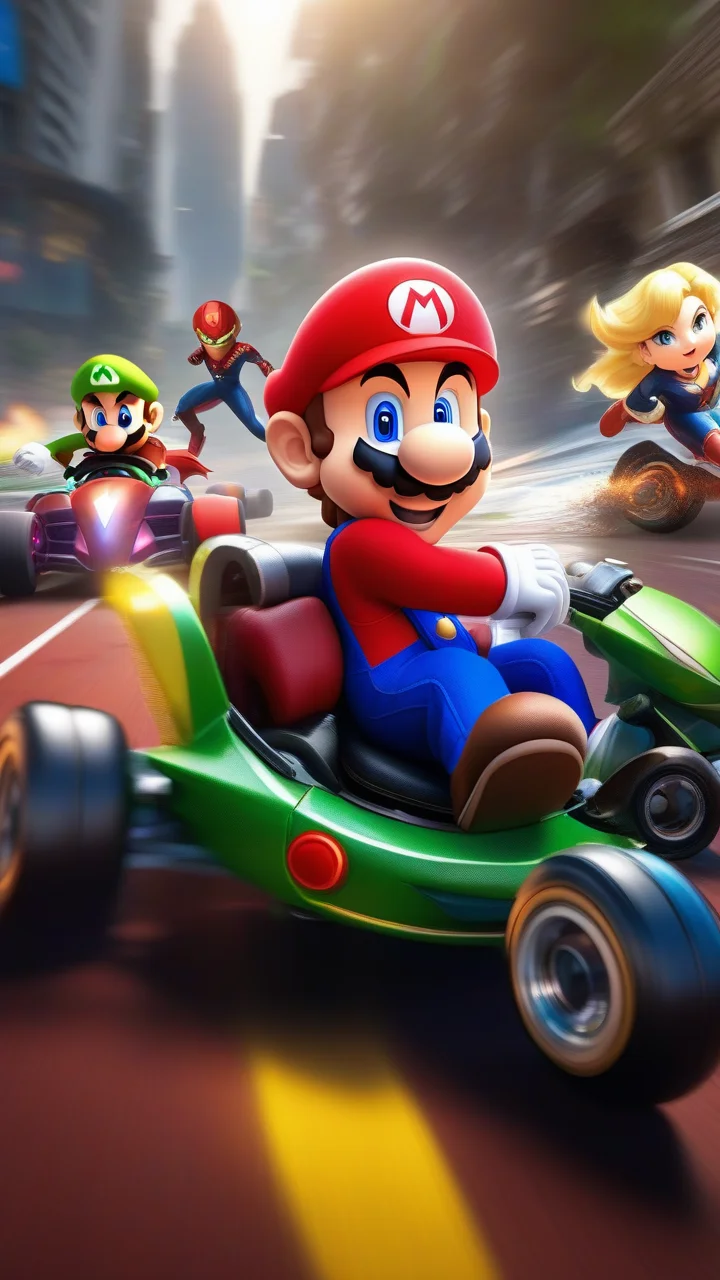Mario Kart Race with (Avengers 1.5): Organize a chaotic race where the Avengers, equipped with Mario Kart vehicles, compete in a light-hearted and hilarious showdown. ultra realistic,dynamic pose, white hair, (masterpiece) (best quality) (detailed) (8k) (HDR) (wallpaper) (cinematic lighting) (sharp focus)