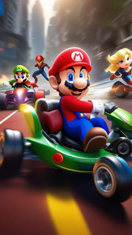 Mario Kart Race with (Avengers 1.5): Organize a chaotic race where the Avengers, equipped with Mario Kart vehicles, compete in a light-hearted and hilarious showdown. ultra realistic,dynamic pose, white hair, (masterpiece) (best quality) (detailed) (8k) (HDR) (wallpaper) (cinematic lighting) (sharp focus)