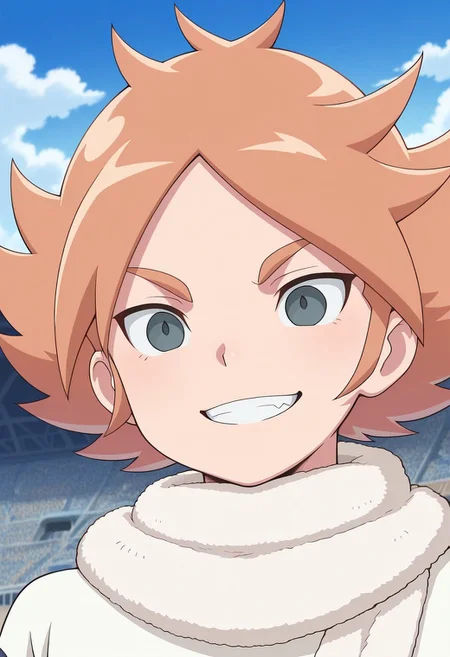 masterpiece,best quality,amazing quality, source_anime, 
FubukiAtsuya, 1boy, male focus, solo, grey eyes, orange hair, scarf, white scarf, alpine soccer unifor, shirt, white shirt, smile, grin, portrait,
outdoor, sky, day, clouds, stadium,