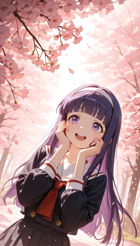 (masterpiece, best quality), amazing quality, very aesthetic, absurdres, highres, newest, HDR, 8K, high detail RAW color art, intricate details, high contrast, detailed background, large pupil, eyelashes, shiny skin,
(konya karasue:1.2763), (1girl), upper body, rubbing cheeks, round teeth, close-up, daidouji tomoyo, purple eyes, purple hair, longhair, blunt bangs, bangs, hairband, tomoeda elementary school uniform, BREAK high angle, above, dutch angle, cherry blossom trees, walking, sunlight through the trees, soaring petals, flare, happy, smile, <lora:Aesthetic Quality_noobai_epsilon:0.8>, <lora:Pony People's Works_noob:1>,