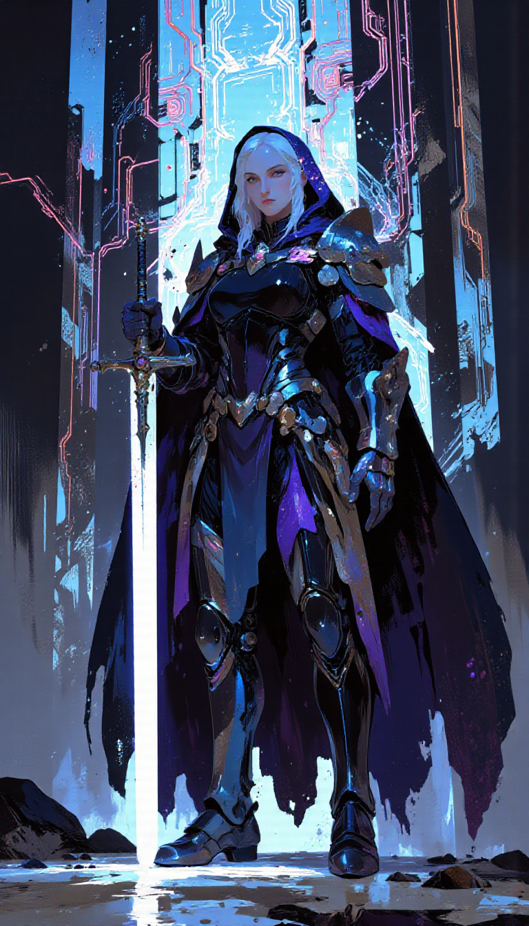 pscho_4rt,mythp0rt,very wide angle, put subject further away, small subject, A digital illustration shoot from the side about a powerful female character in a dark fantasy setting, wielding a glowing sword. the image also shows intricate details and a futuristic, cybernetic background. on the middle of the image, a 1woman, who appears to be in her mid-twenties, with long, flowing white hair and a serious expression, is standing confidently. she is wearing a dark, ornate armor with intricate designs and a hood, and she is holding a large, glowing sword in her right hand. the sword is positioned in the center of the frame, with the blade pointing towards the viewer. the armor is detailed with a variety of colors, including shades of blue, pink, and purple, and has a metallic sheen. the background features a glowing circuit board with intricate patterns and glowing lines, creating a sense of depth and dimensionality. the lighting is dramatic, with a mix of blue and pink hues, and the overall effect is one of energy and power.  1girl, solo, long hair, breasts, looking at viewer, black hair, holding, closed mouth, standing, weapon, outdoors, cowboy shot, sword, armor, holding weapon, hood, glowing, cape, armor on head, holding sword, standing on one leg, glowing blade, science fiction, sword on shoulder  camera_angle: from side, art_style: digital illustration, location: futuristic environment, background: glowing circuit boards with glowing lines and lines, text: NA, image_composition: middle, clothing: dark armor with ornate details and hood, hair_color: white hair, distance_to_camera: full body, hair style: long flowing hair, facial_expression: serious, action: standing confidently, accessory: wielding a large sword, pants: NA
