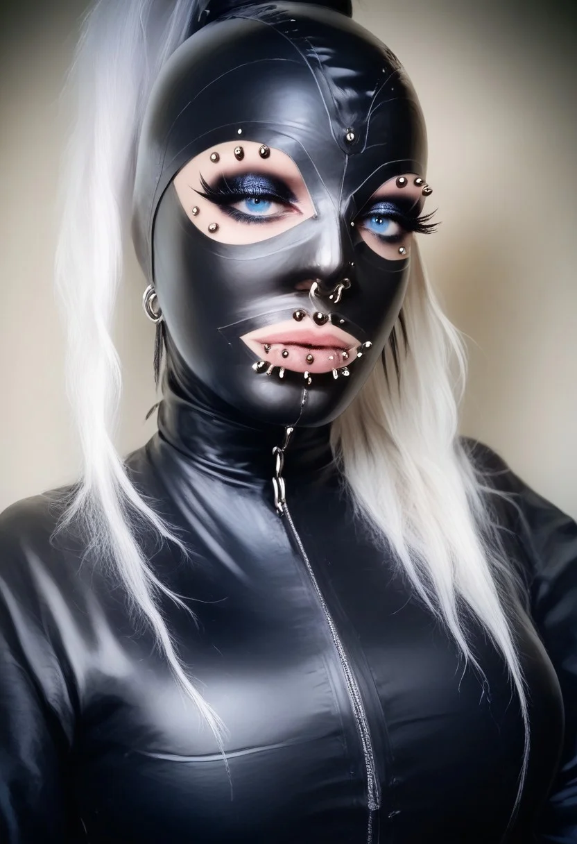 score_9, score_8_up, score_7_up, rating_safe, concept art, realistic, dark theme, low light, Fixhand.
1girl, solo, Lush white hair, blue eyes. Sexy makeup.
(Big breast:1.2), (Round breast:1.2).
((ExtrFacePiercing:1.8)).
((latexHood)), ((Latex hood)), ponytailHair.