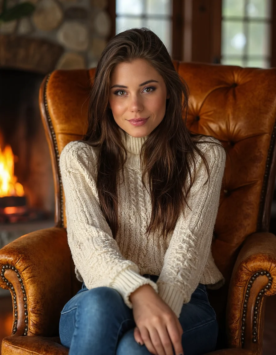 Subject: A woman sitting on a plush, oversized armchair in a cozy, rustic cabin surrounded by towering trees and a crackling fireplace.
Lighting: Warm, golden light from the fire casting a cozy ambiance.
Camera Angle: Eye-level shot, looking straight at the woman's face as she gazes out at the viewer.
Composition Style: Leading lines of the chair and surrounding decor converge to her eyes.
Clothing: High-necked, long-sleeved sweater in soft, earthy tones with a chunky knit pattern.