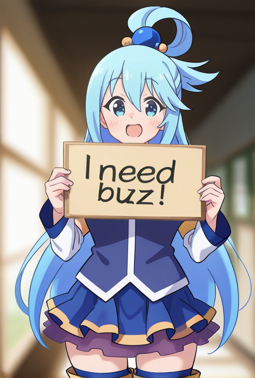 aqua_(konosuba), holding sign, need_buzz, <lora:NeedBuzz_sign_Illustrious:1>