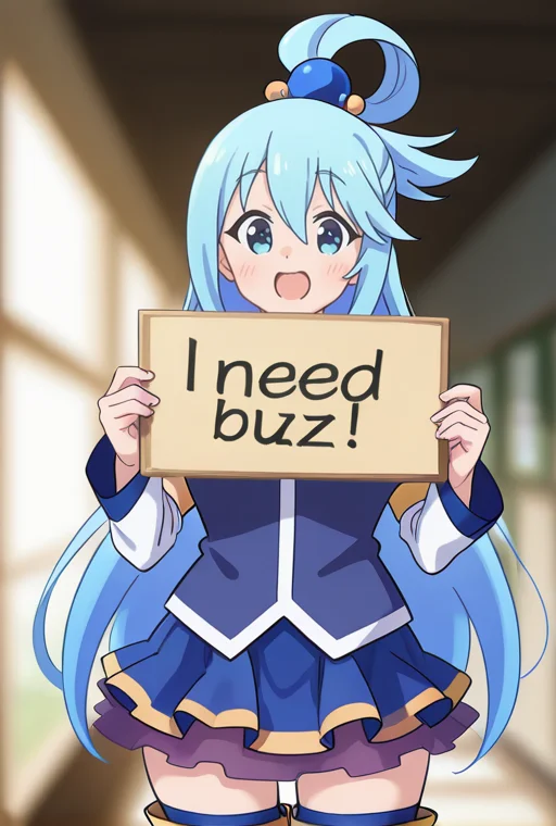 aqua_(konosuba), holding sign, need_buzz, <lora:NeedBuzz_sign_Illustrious:1>