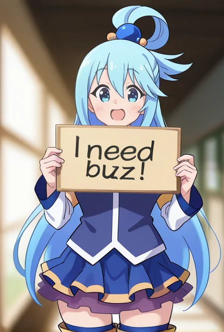 aqua_(konosuba), holding sign, need_buzz, <lora:NeedBuzz_sign_Illustrious:1>