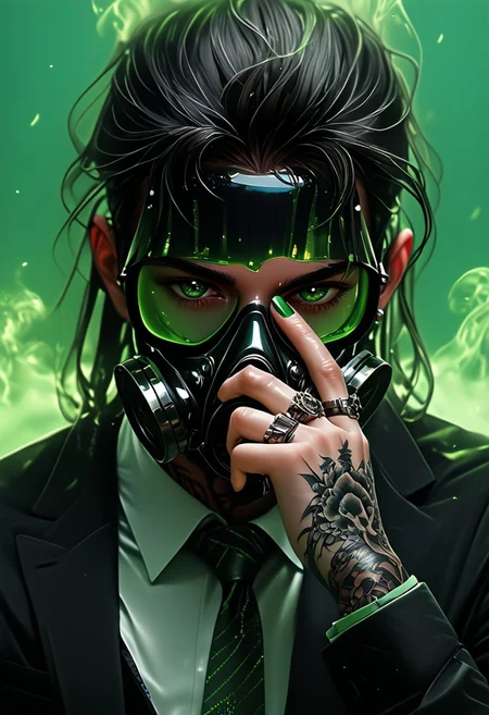 (score_9, score_8_up), score_7_up, 1girl, Highly detailed RAW color Photo, shirt, long sleeves, jewelry, jacket, upper body, earrings, necktie, collared shirt, hand up, necklace, black jacket, gradient, black nail polish, gradient background, tattoo, glowing, ring, cross, spikes, black suit, metallic texture, green theme, green fire, multiple rings, hand tattoo, green theme, gorgeous details, depth perception, backlighting, photorealistic, breathtaking scenery, perfectly rendered reflections, detailed clothing,
dark lighting, dof, depth of field, realistic, dark background, CINE, blue embers, low-key,
<lora:unholy-000009:0.8> <lora:CINE-000008:0.4>
<lora:sinfully_stylish_SDKL:0.5> <lora:xl_more_art-full_v1:0.4> <lora:zavy-cntrst-sdxl:0.7> <lora:Gas_mask-000009:0.4><lora:hand 4:0.5>