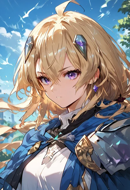 zPDXL3, score_9_up, score_8_up, score_7_up, (Anime_source), 1girl, Ines, purple eyes, blonde hair, long hair, low ponytail, Ines armor, upper body, from front, looking at viewer, floating hair