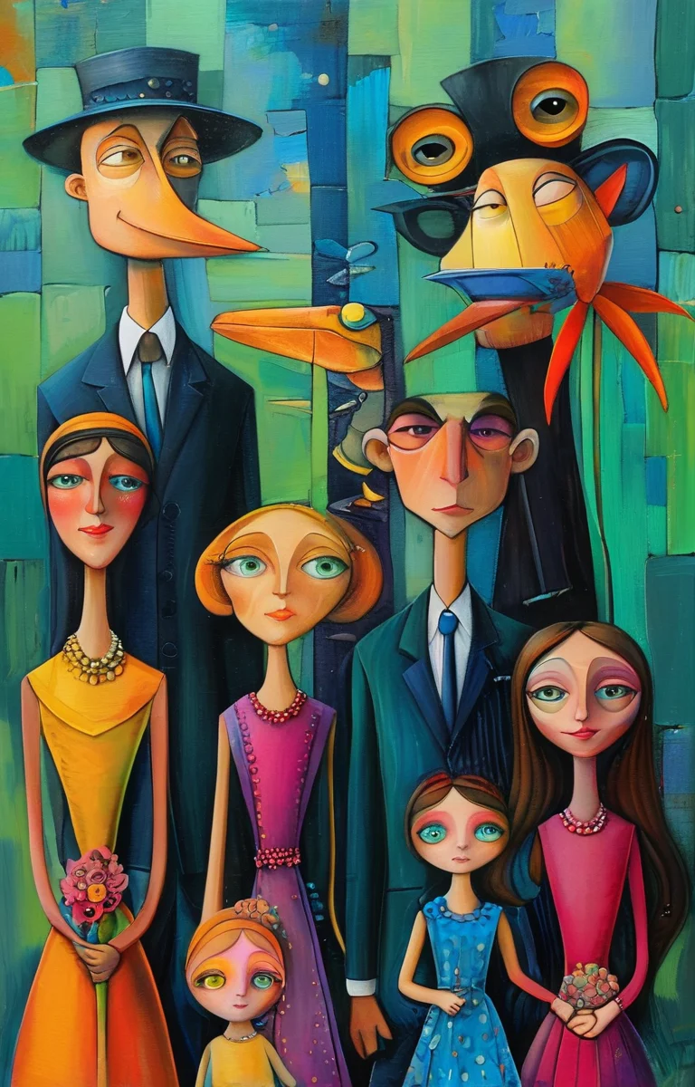 masterpiece,best quality,<lora:tbh203-sdxl:0.9>,illustration,style of Wlad Safronow portrait of family