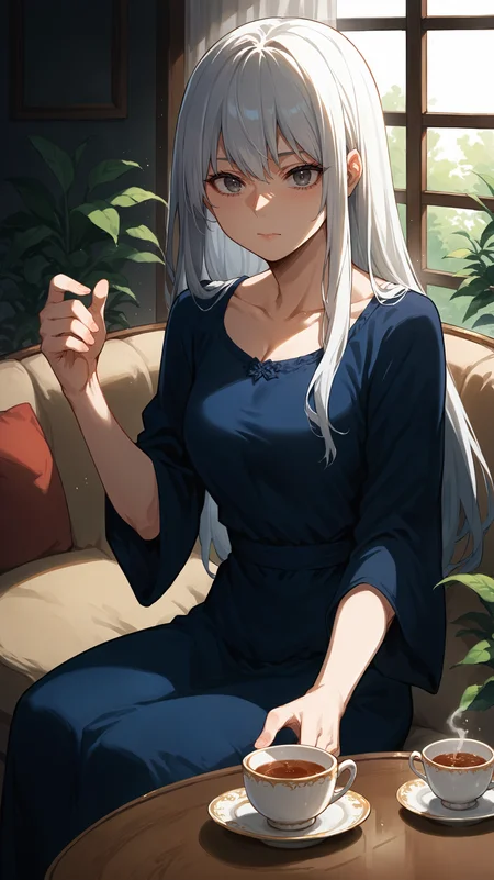 score_9,score_8_up,score_7_up,score_6_up, <lora:xl_more_art-full_v1:0.5>, source_anime, woman, dynamic pose, <lora:Rei Todoroki - Pony:0.8>, long hair, white hair, grey eyes, blue dress, drinking tea, living room, teacup, sitting, boiling water,