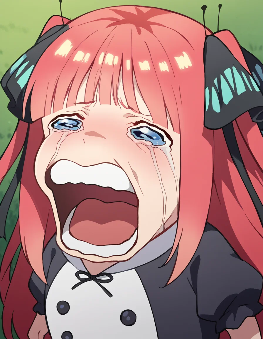 score_9, score_8_up, score_7_up, source_anime, <lora:nnakano-s2-ponyxl-lora-nochekaiser:1>, long hair, bangs, blue eyes, hair ornament, hair ribbon, pink hair, blunt bangs, two side up, butterfly hair ornament, large breasts,, <lora:chopper-crying-ponyxl-lora-nochekaiser:1> chopper crying, chopper crying (meme), meme, wavy eyes, crying, tears, teeth, open mouth, tongue,, ,