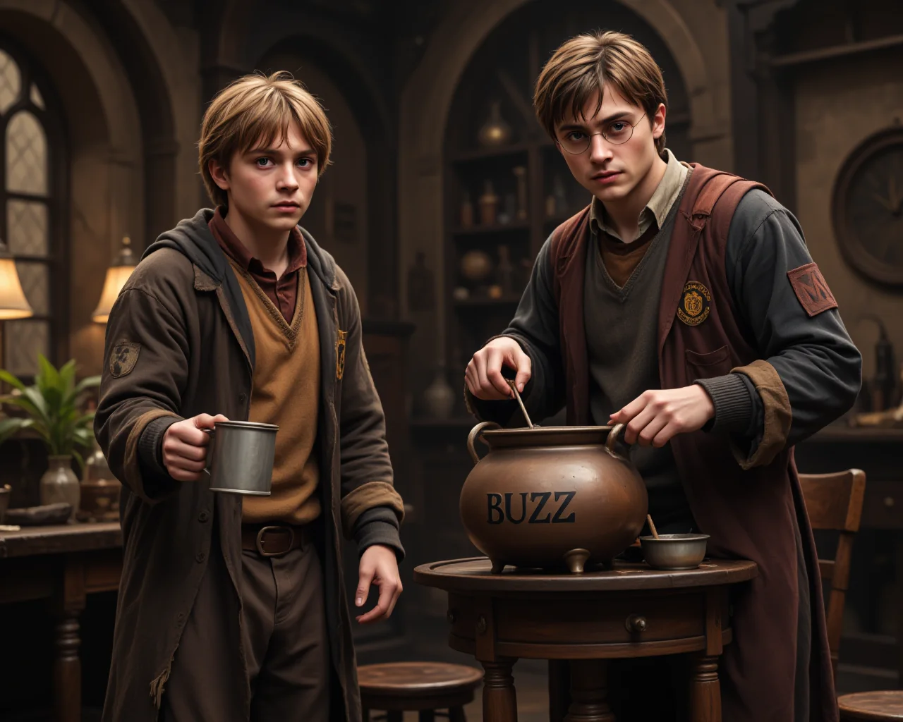 still from the movie, A scene from a Harry Potter movie. Harry Potter is standing on the right side of the table, in front of him on the table is a witch's cauldron with the inscription 'BUZZ' on the side, Harry Potter is stirring something in the cauldron. Very sad Ron Weasley stands on the left and holds out an empty tin begging mug to the viewer in the camera with a pleading look in his eyes. Both characters' clothes are poor and shabby and a lot of patches and stinks are visible. Warm color tones of the frame from the movie, the atmosphere of Hogwarts, the interior of the school potions room of Hogwarts in the background