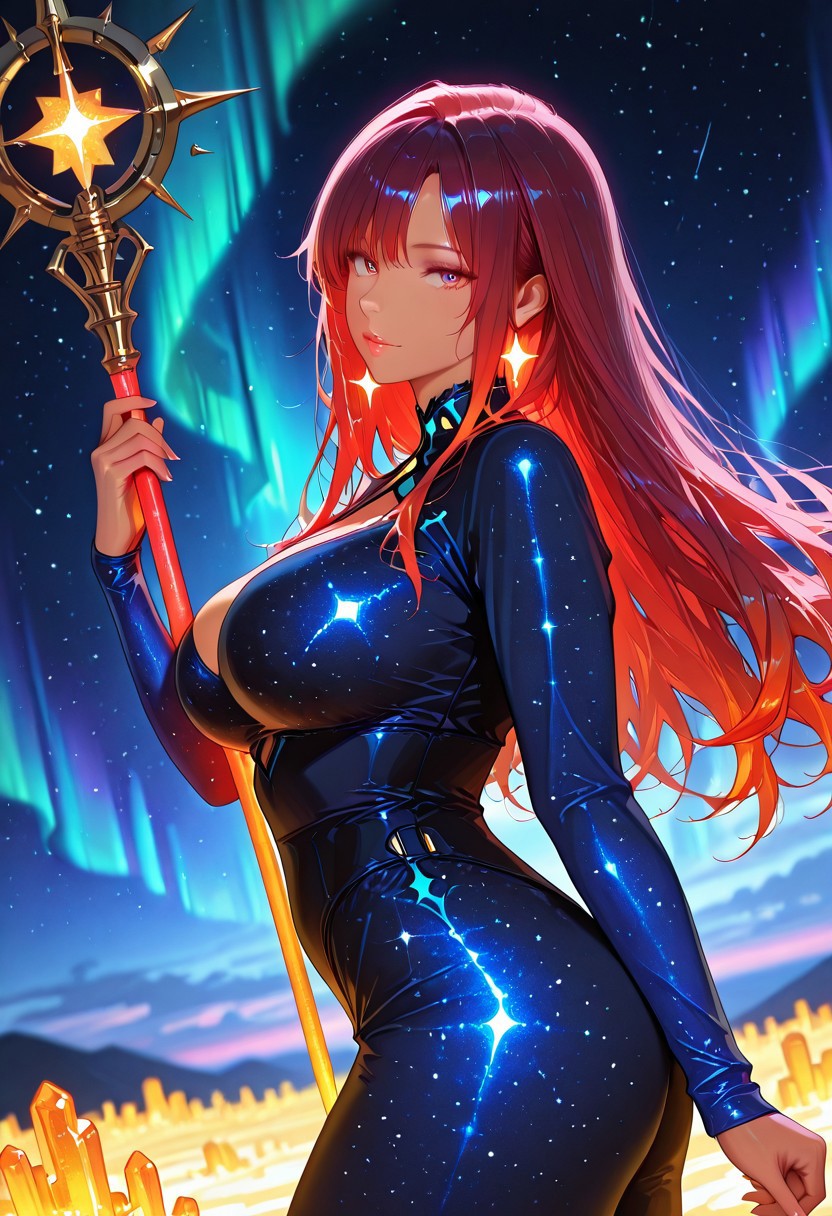 1girl, short red hair, slick, tan skin, large breasts, bouncy, glowing skin, sheer starry mantle, glowing crystal staff, posing with power, looking at viewer, from side
BREAK
starlit cliff, glowing dunes, cosmic breeze, faint aurora
BREAK
realistic anime style, ultra-detailed, 8K, absurdres, neon colors, depth of field, cinematic lighting, high contrast, starry glow, sharp outlines, rich details, celestial beauty
BREAK
masterpiece, ultra-detailed, 8K, vivid colors, source_realistic:1.6, score_9_up, score_8_up:1.3, anime style, vibrant colors, high contrast, dynamic light, warm glow, sharp outlines, rich details, seductive atmosphere
